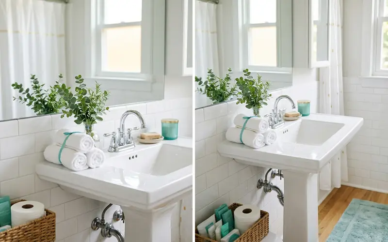 Sparkling clean bathroom with polished chrome fixtures and folded towels