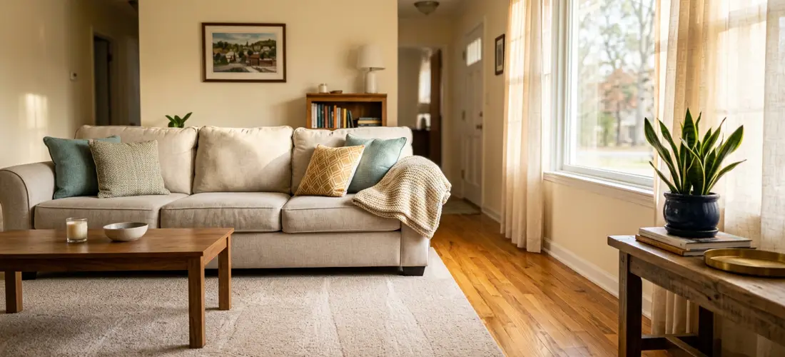 Freshly cleaned sunlit living room with vacuum lines in the carpet