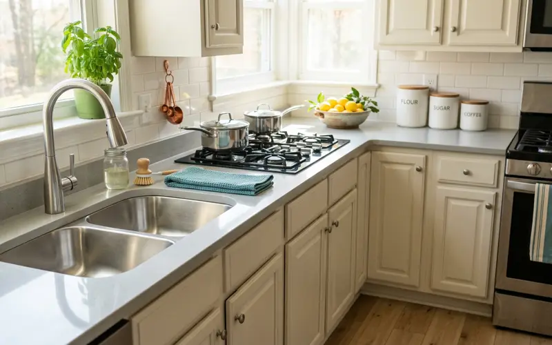 Spotless kitchen counter and polished stainless sink