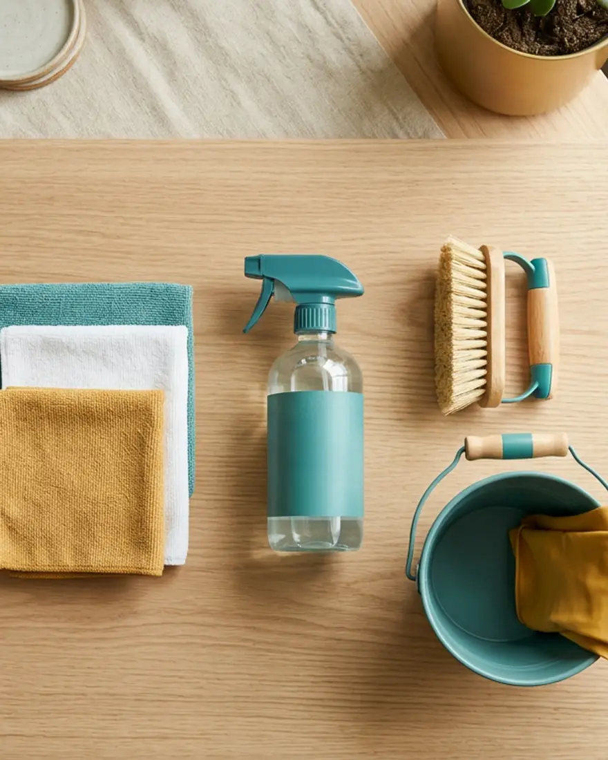 Cleaning supplies laid out neatly — spray bottle, folded microfiber cloths, brush and gloves